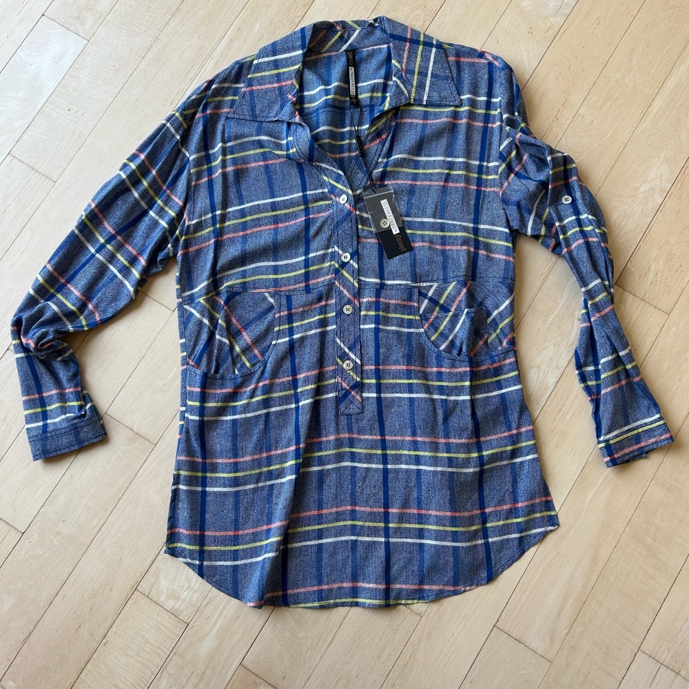 Plenty by Tracy Reese Blue Plaid Henley Women's Tunic - NWT Size Medium